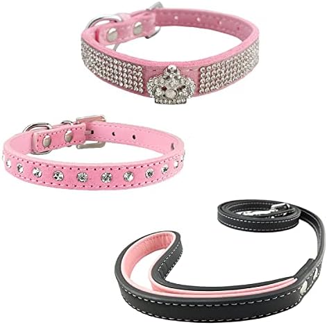 Tутенсина 3 парчиња мода дијаманте кучиња јака и јака за кученце со поводници со поводни кучиња за мали кучиња - розова - xs