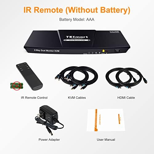 TESmart HDMI Kvm Прекинувач 2 Монитори 2 Компјутери 4K@60Hz, USB 2.0, Двоен Монитор KVM Прекинувач HDMI 2 Порта Продолжен Дисплеј, EDID емулатори,