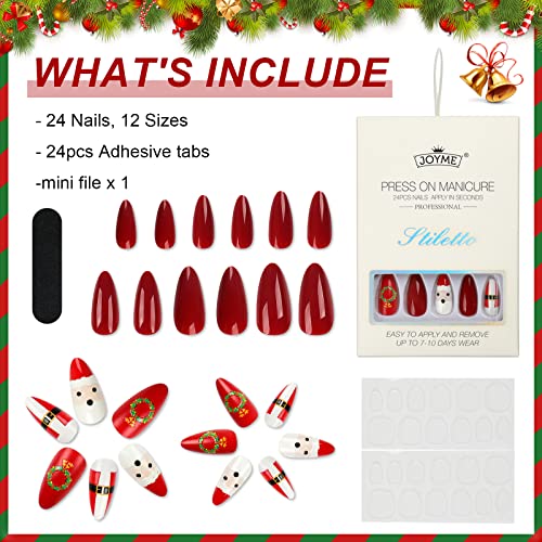 Chenyiyi Божиќниот печат на ноктите кратки лажни нокти медиум со црвен дизајн на Дедо Мраз, Прес на ноктите лепак за бадеми на ноктите