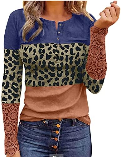 Nokmopo женски зимски врвови жени модна крпеница печатење чипка чипка со долги ракави, случајно копче пуловер, маичка за џемпери врвот