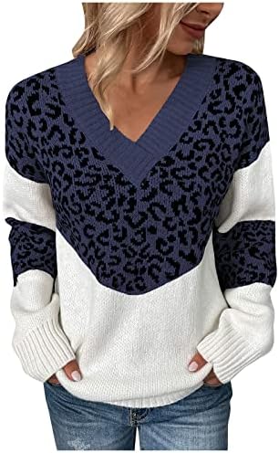 Женски џемпери за пуловер есен цврста боја крпеница леопард печати долг ракав пулвер плетен џемпер срце срце
