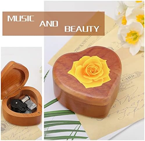 Музичка кутија со жолта роза часовна кутија гроздобер дрвена форма во форма на срцев кутија играчки подароци украси