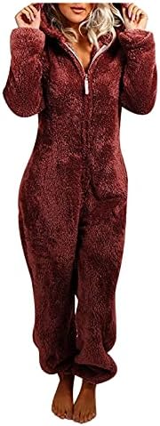 Snug Fit Onysie Pajamas за жени цврста боја костуми скокови со меки руно зимско топло ромперско спиење домашна облека
