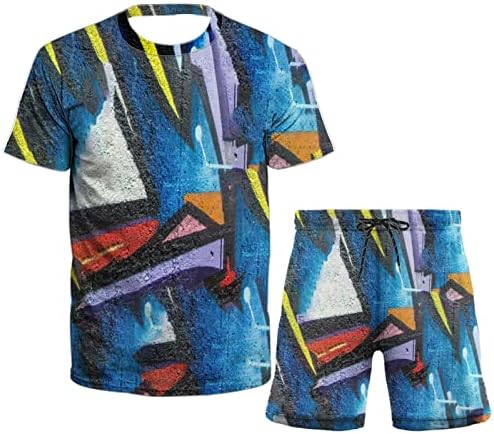 Менс летни обични шорцеви поставува екипаж на екипажот, спортувана кошула и кратки комплети 3Д -печати за печатење 2 парчиња облека со џебови со џебови