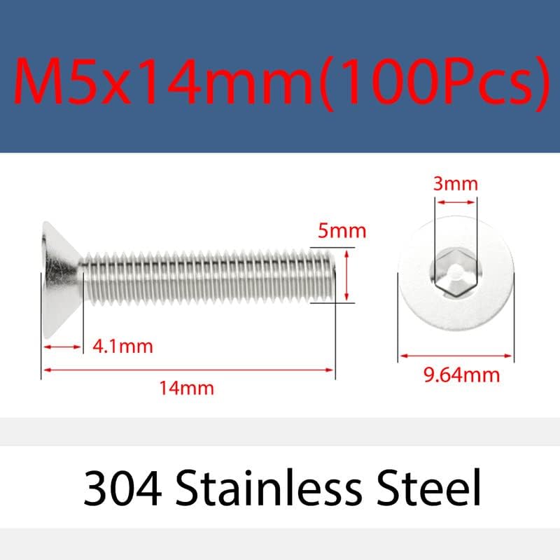 Оранксин M5 x 14mm 100 парчиња бројачи за бројачи 304 не'рѓосувачки челик Хекс штекер капаче рамна глава Ален завртки машини за завртки