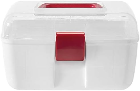 MyGift 10 инчи повеќенаменски преносни бели пластични кутии за складирање со отстранлив фиока, чист капак и и црвена рачка и заклучување