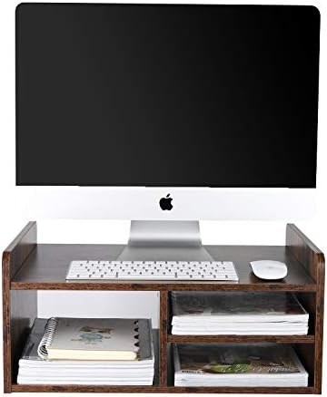 PAG Monitor Printer Stand Computer Riser со организатор на дрво за складирање за дом/канцеларија, 2-ниво, антички кафеава боја