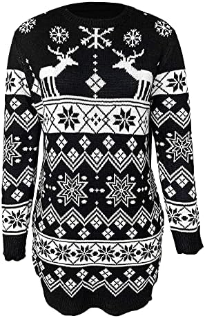Maseенски џемпер фустан од Мебамук моден Божиќ плетен печати со долг ракав, фустан од џемпер од вратот