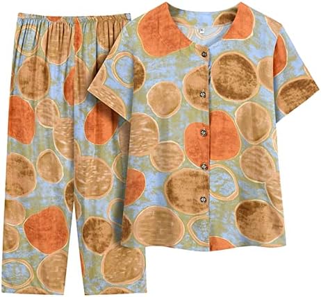 2 парчиња облека за жени плус големина лето лето -лабава лабава постари жени салон поставуваат маици и панталони со кратки ракави