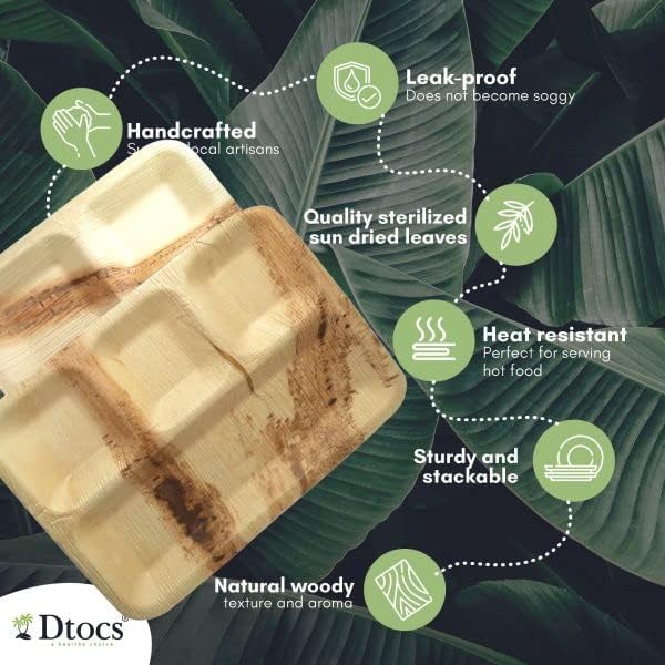 DTOCS компостибилна 4 оддели плочи за палми лисја 11x9 инчи училишен фиока за ручек, делови за плочи | Бамбус плоча изглед