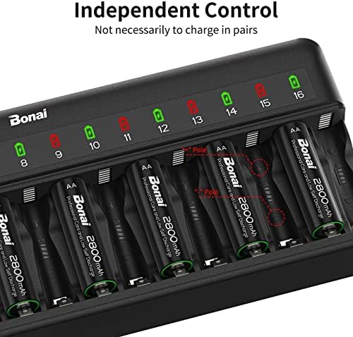 Bonai AA AAA полнач за батерии 16 Bay for NIMH NICD батерии за полнење независна контрола со LED светло и стандарден американски приклучок за полнење AC, батерија не е вклучена - црн