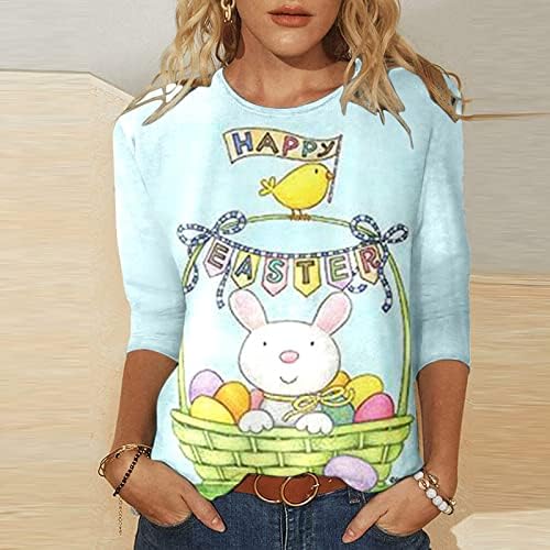 3/4 ракав Велигденски маички врвни за жени екипаж лабава обична маица симпатична зајаче печатени кошули пулвер блузи