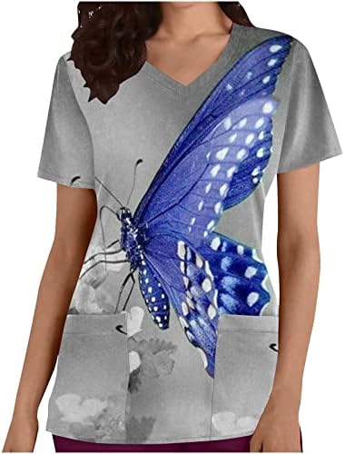 Чистење Блузи За Жени Трендовски Пеперутка Печатени Краток Ракав Медицинска Сестра Работни Униформи Повик V-Вратот Кошули Со Џебови