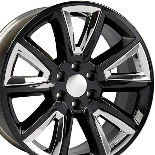 OE Wheels LLC 20 инчи бандажи одговара на Chevy Silverado Tahoe Sierra Yukon Escalade Tahoe Style CV73 20x8.5 Embers Gloss Black со Chrome Sett