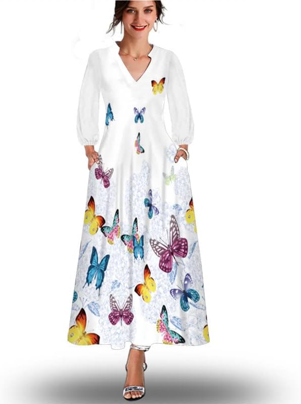 Обични макси фустани на Brkewi за жени 2022 година, долги ракави пад фустан Длабок V вратот џеб со долги фустани Бохо плажа Сонце