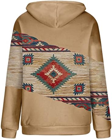Модни кошули со качулка за жени, ацтеки западни етнички стил печати дуксери за прицврстување на врвови за влечење