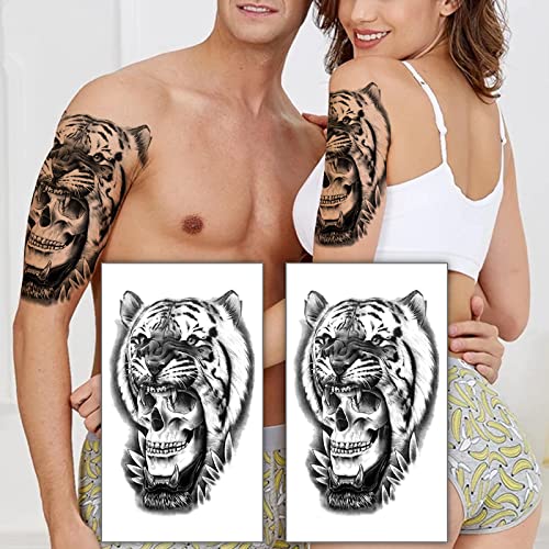 2 листови водоотпорни долготрајни привремени тетоважи на половина рака, реални жестоки тигарски заби череп налепници за тетоважи, персонализирани лажни тетоважи ?