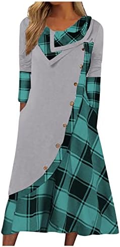 Nokmopo секси фустани за жени плус големина мода карирано копче за шиење џебови со долги ракави фустан со долг ракав