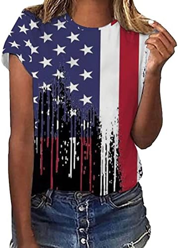 МИАШУИ Големи Женски Маици Женски Секојдневен Американски Печатење На Знаме О Врат Блуза Со Кратки Ракави Врвови Маици Т Жени Обични