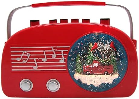 Ретро радио дизајниран осветлен снежен глобус со зимска сцена, вртежен сјај и Божиќна музика, хонорарна Божиќна декорација, празничен декор за