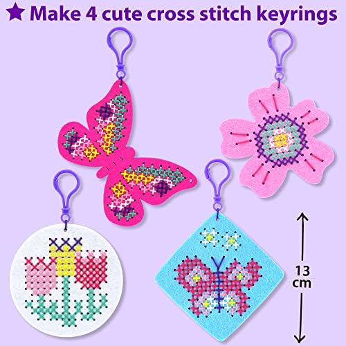 Krafun Cross Stitch Комплети за деца почетници, 4 вкрстени шевови за занаетчиски уметности и занаети со пеперутка и цвет, комплет за везови за игла, за девојчиња 5-13 занаетчис