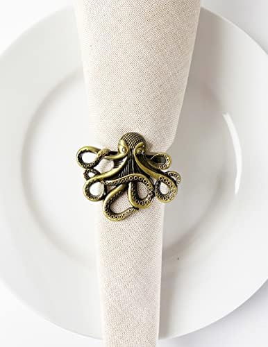 Фенко стилови крајбрежни октоподи метални прстени од салфетка, сет од 4 - бронзени наутички држачи за салфетка за домашен декор, трпезариска