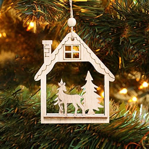 Божиќна декоративна дрвена шуплива куќа во стил на Божиќна куќа, Божиќно елени, приврзок свиња на замав автомобил