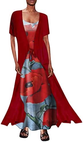Petite Maxi фустани жени без ракави фустан, цветни фустани за печатење, кратки ракави, кардиган, обичен фустан од кошула