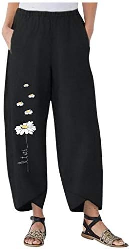 Meymia женски памучни постелнини панталони Висока еластична половината за цвеќиња со лесна лабава лабава нога широка нога исечена пантолова