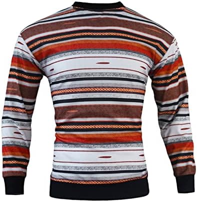 Вафл плетен џемпер, машки џемпер лабав џемпер со тркалезен врат со долги ракави шарени ленти со обични џемпери за дното