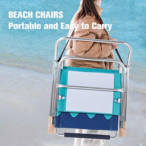Зелена забава столче за плажа 2 пакет алуминиум лесен преклопување на плажа стол со 3 позиции, ладилна торба и дрвен потпирач