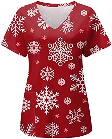 Scrubs for Women Casual Cright Relaive V-врат за работа со униформа пулвер, Божиќна печатење џебна блуза Туника врвови