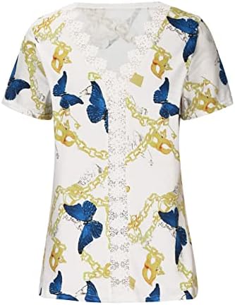 Кошули со женски чипка против маички со вратот 2023 летни кратки ракави врвови цветни печатени лабави обични пулвер блузи