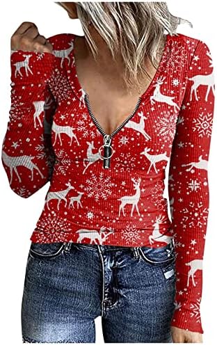 Зимпер за џемпери за женски патент печатен џемпер Божиќ со долг ракав маица пролетна мода 2023 година