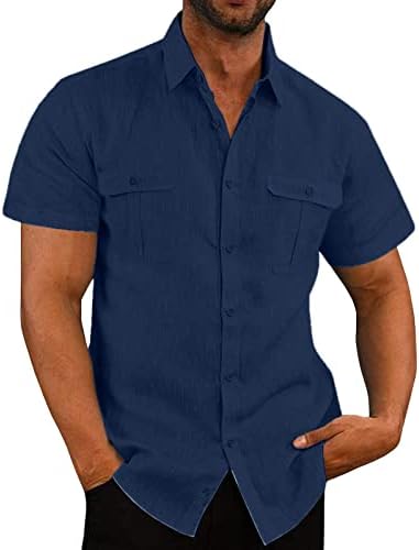 Копче за постелнина за машка кошула летна трендовски цврста боја кратка ракав лапел џебови удобни кошули за дишење