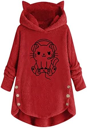 Женски преголем палто со качулка, симпатична игра мачка графичка нејасна руно пуловер џемпер зимски топло џемпер на маички кадифони врвови