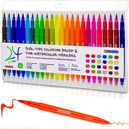 24 бои маркери за бои со акварел, маркери за боја на боја со двојни врвови поставени пенкало за четка и фино врв за боење на деца и возрасни,