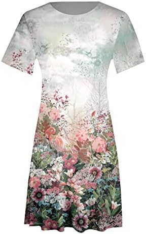Плус големини ромери за жени, женски модерни обични разноврсни разноврсни печатени ретро -вратот краток ракав летен фустан