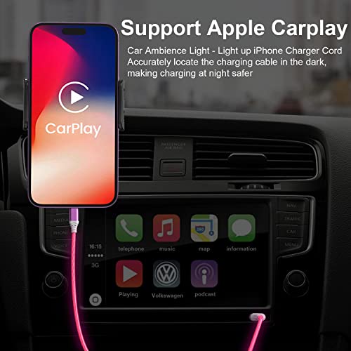 2M/6FT LED светло осветлување на iPhone Charger Carplay CarPlay Компатибилен и MFI овластен, LED кабел за полнач за iPhone со податоци