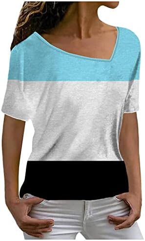 Женски геометриски маички за печатење во боја на вратот со кратки ракави на вратот на врвовите на летни летни маички туники блузи
