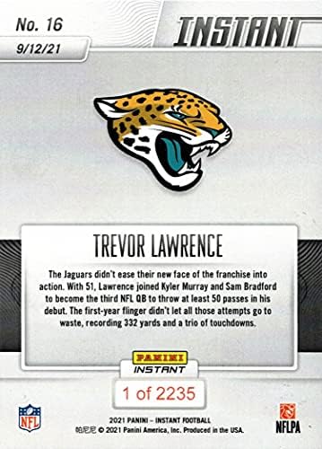 2021 Panini Instant Football #16 Trevor Lawrence Rookie Card - Фрла три ТД во 1 -ви почеток во кариерата