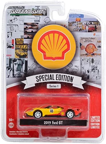 2019 GT 18 Yellowолта и црвена школка масло за масло за масло за нафта Специјално издание серија 1 1/64 Diecast Model Car By Greenlight