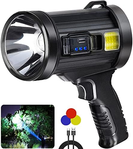 Flashlight Flashlight Flashlight, Super Bright 150000 Lumens Spotlight со 3 главни режими и 4 филтер за бои, LED светлосни светла на отворено,