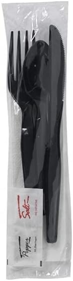 450 Пластични Прибор За Јадење Пакети-Нож Вилушка Лажица Салфетка Сол Бибер Сетови | Црна Пластични Сребрени Сетови Поединечно