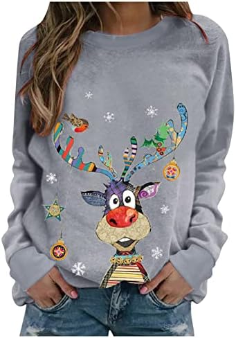 Christmasените Божиќни џемпери врвови слатки ирваси графички влезови обични лабави кошули со долги ракави, џемпери на вратот на екипажот