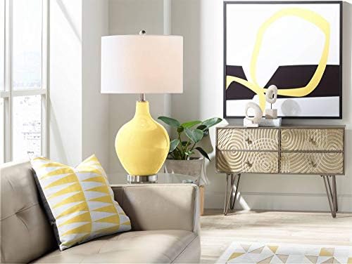 Боја + плус модерна табела за ламба 28,5 висока дафодил жолто стакло Ово бела постелнина тапан сенка за дневна соба Семејство спална соба