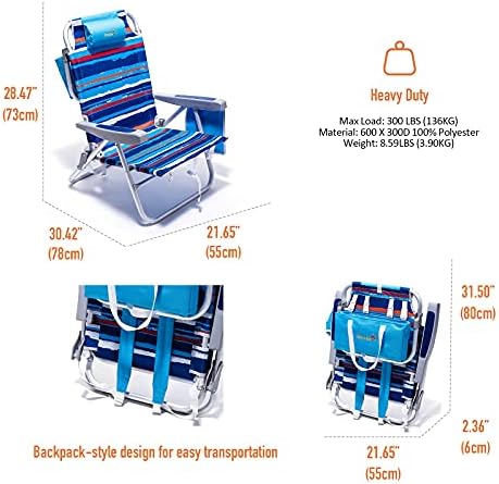 Sunnyfeel со 5 позиции рамни преклопни засилени алуминиумски плажа стол за возрасни 2 пакувања, камп-столици на отворено столче за ранец за патувања