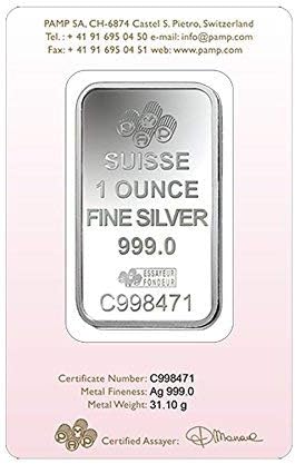 Pamp Suisse чиста 99,9% $ 1 мл сребро $ во картичка за анализа