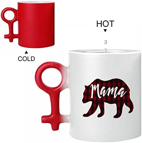 Мама мечка карирана топлина Промена на кригла магична кафеава чаша керамички чај, прилагодена двојка подарок за канцеларија дома 11 мл црна/црвена