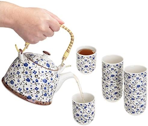Mygift јапонски чај котел сет со дизајн на сина роза вклучува чајник со бамбус горната рачка, цедалка за лисја и 6 чаши